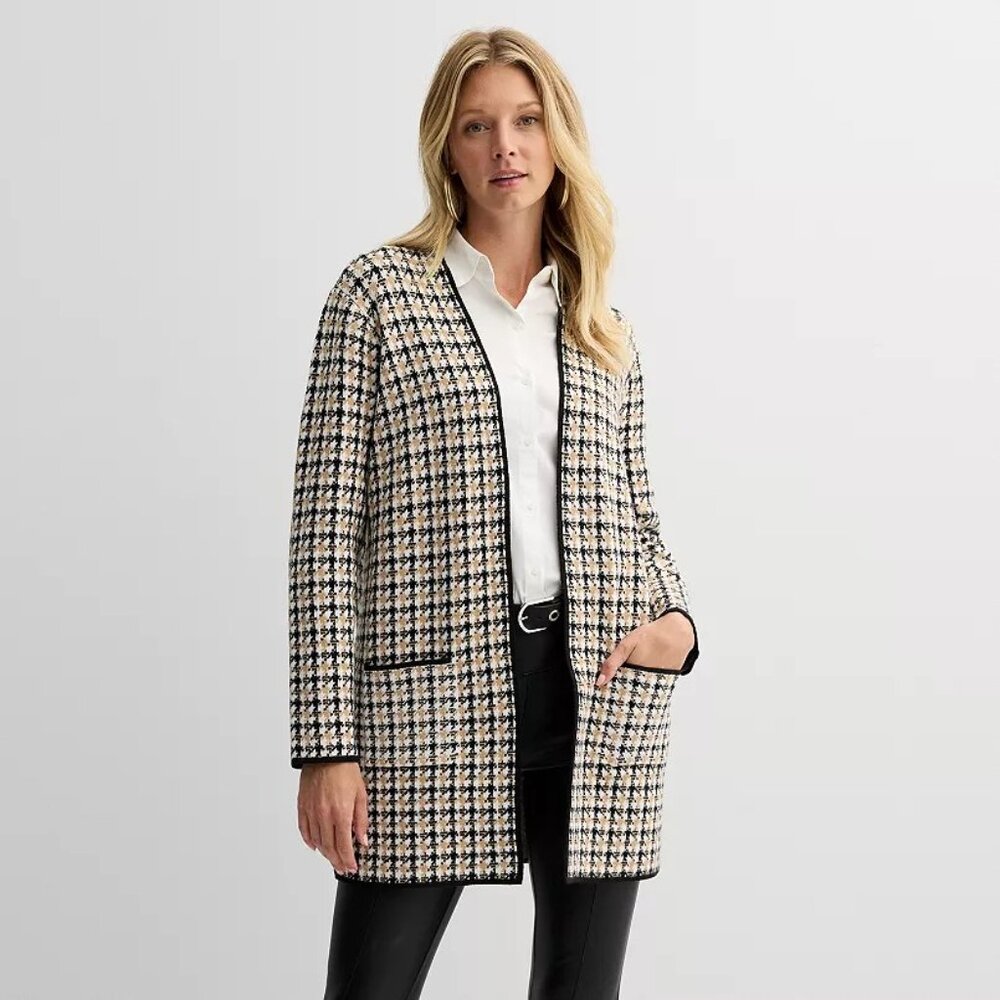 Nine West Black and Tan Houndstooth Coatigan Sweater with Pockets XL